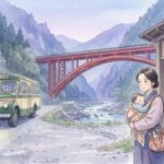 奥香肌のバス停で昭和レトロなバスを待つ母