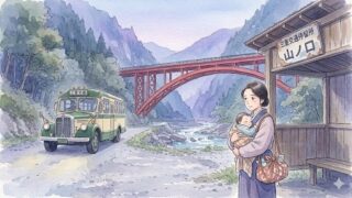 奥香肌のバス停で昭和レトロなバスを待つ母