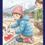 昭和の小学生が凧にひみつのアッコちゃんを描く